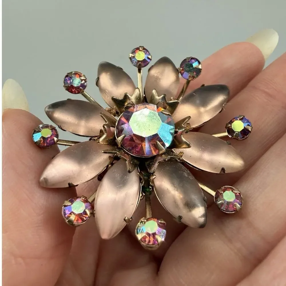 Vintage Pink Satin Glass Flower Brooch AB Rhinestones Petals Gold Tone Floral